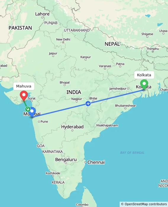 Route map showing distance and travel time from Kolkata, India to Mahuva, India