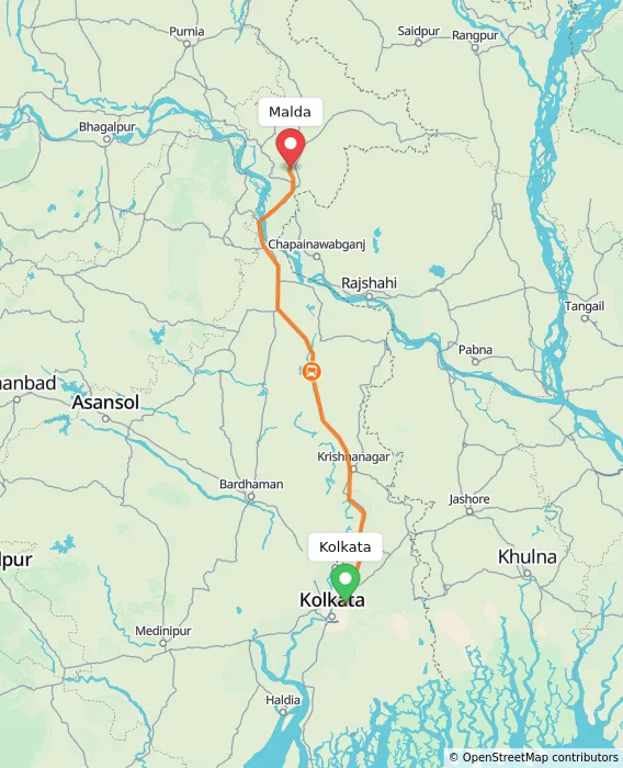Route map showing distance and travel time from Kolkata, India to Malda, India