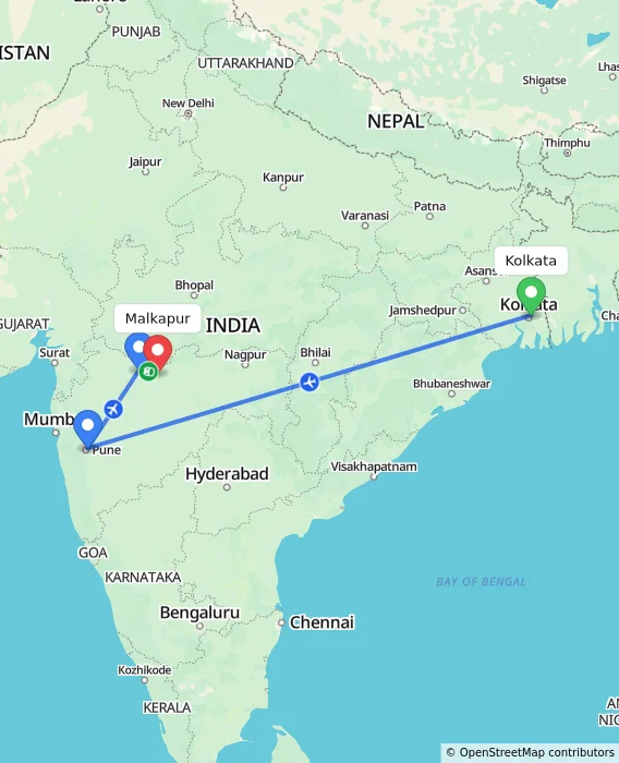 Route map showing distance and travel time from Kolkata, India to Malkapur, India
