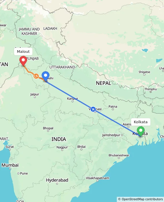 Route map showing distance and travel time from Kolkata, India to Malout, India