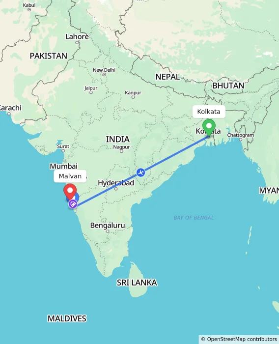 Route map showing distance and travel time from Kolkata, India to Malvan, India