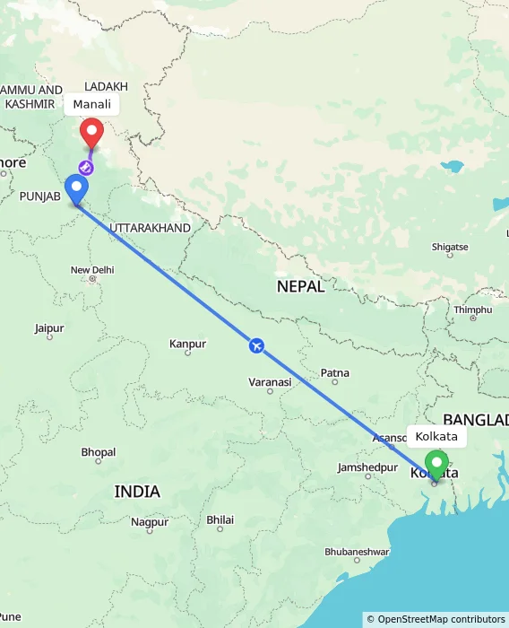 Route map showing distance and travel time from Kolkata, India to Manali, India