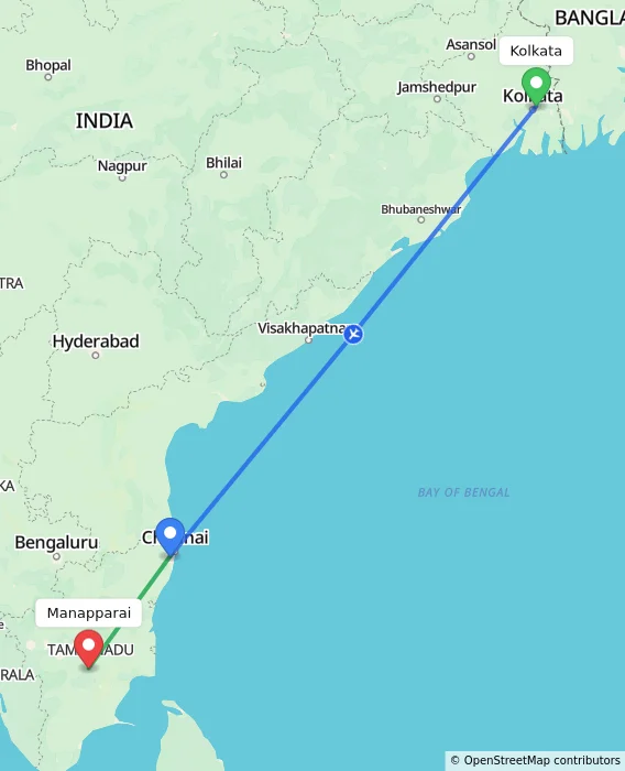 Route map showing distance and travel time from Kolkata, India to Manapparai, India