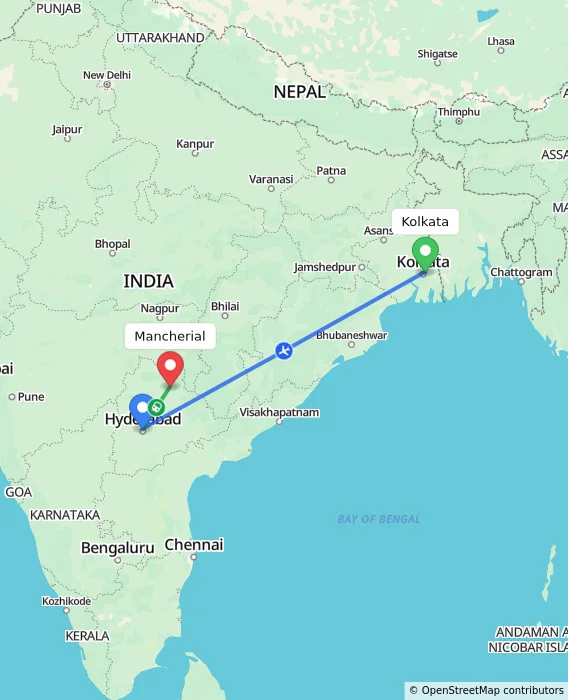 Route map showing distance and travel time from Kolkata, India to Mancherial, India