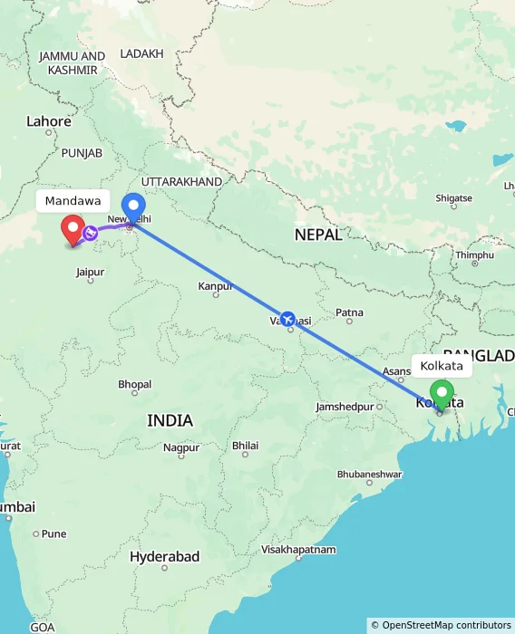 Route map showing distance and travel time from Kolkata, India to Mandawa, India