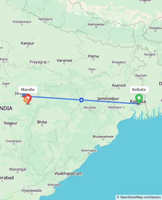 Route map showing distance and travel time from Kolkata, India to Mandla, India