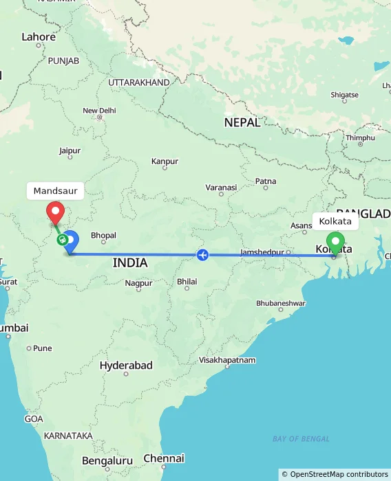 Route map showing distance and travel time from Kolkata, India to Mandsaur, India