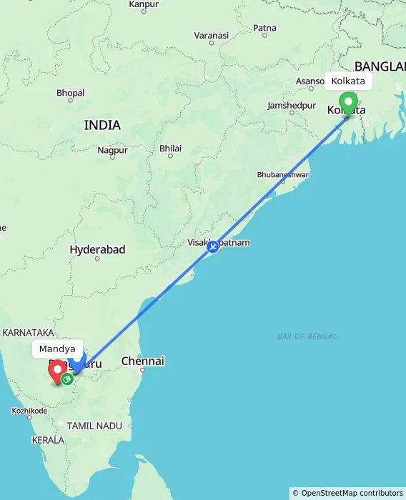 Route map showing distance and travel time from Kolkata, India to Mandya, India
