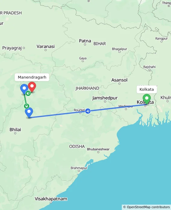 Route map showing distance and travel time from Kolkata, India to Manendragarh, India