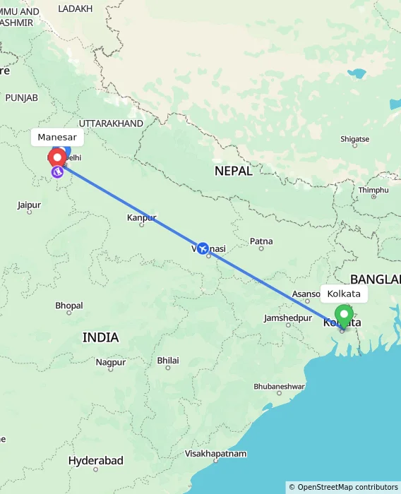 Route map showing distance and travel time from Kolkata, India to Manesar, India