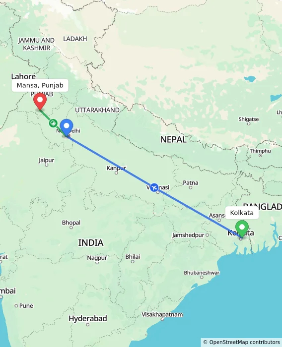 Route map showing distance and travel time from Kolkata, India to Mansa, Punjab, India