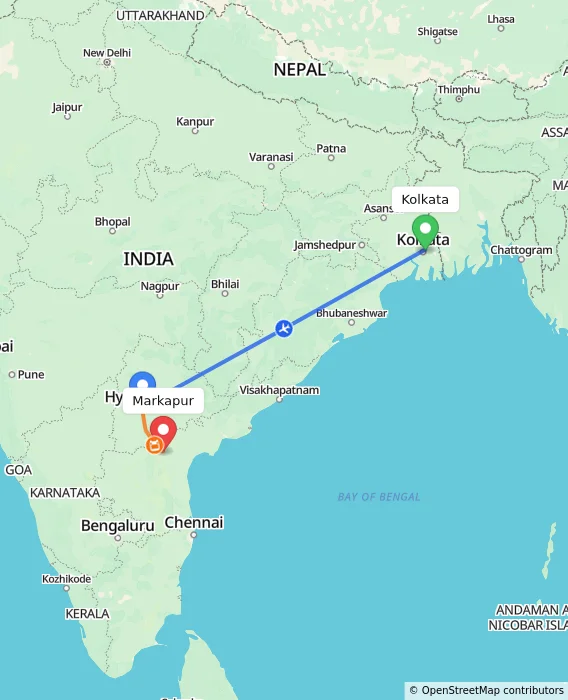 Route map showing distance and travel time from Kolkata, India to Markapur, India
