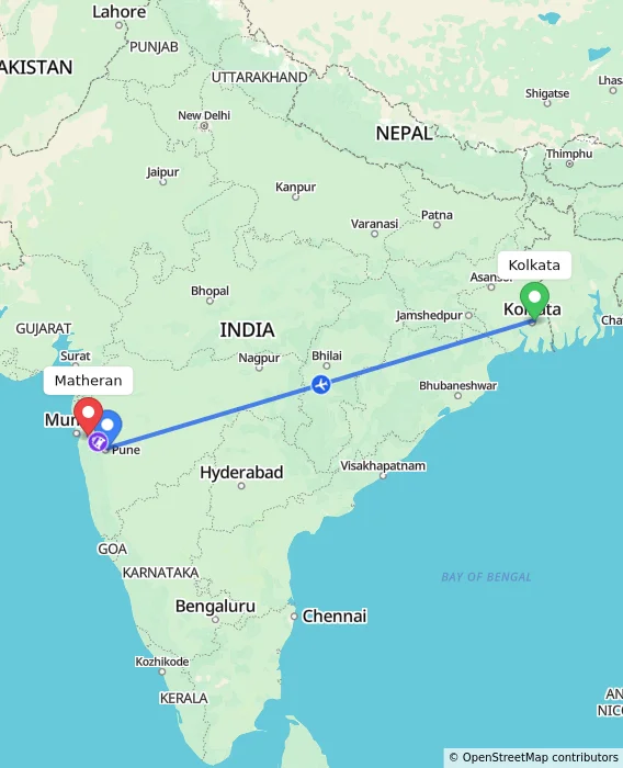 Route map showing distance and travel time from Kolkata, India to Matheran, India