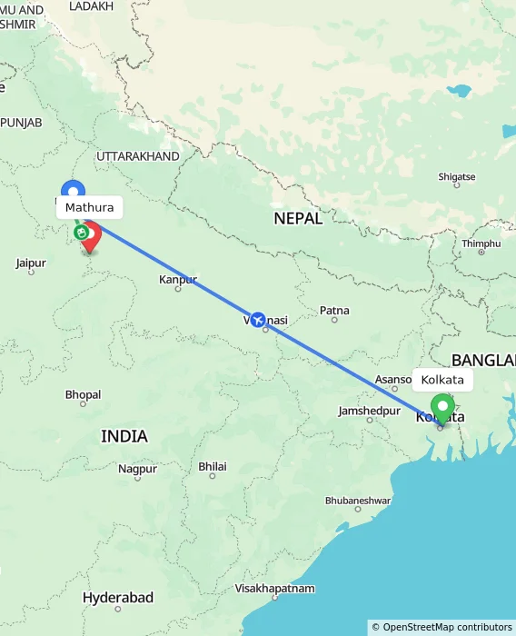 Route map showing distance and travel time from Kolkata, India to Mathura, India