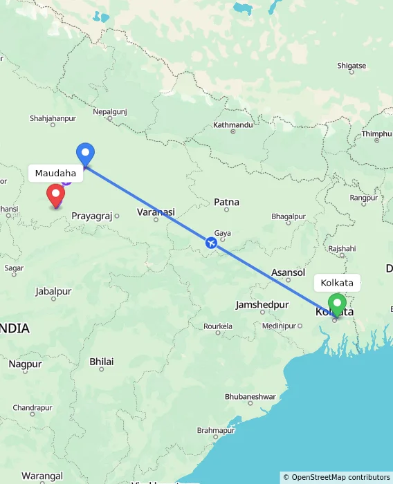 Route map showing distance and travel time from Kolkata, India to Maudaha, India