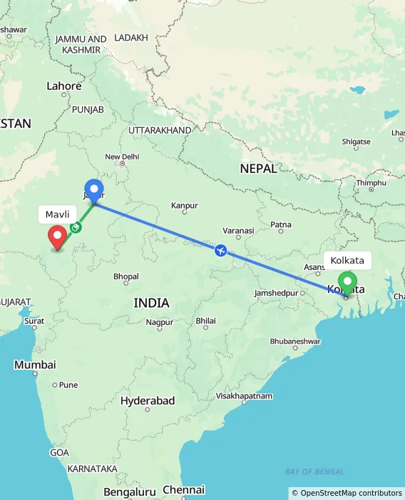 Route map showing distance and travel time from Kolkata, India to Mavli, India