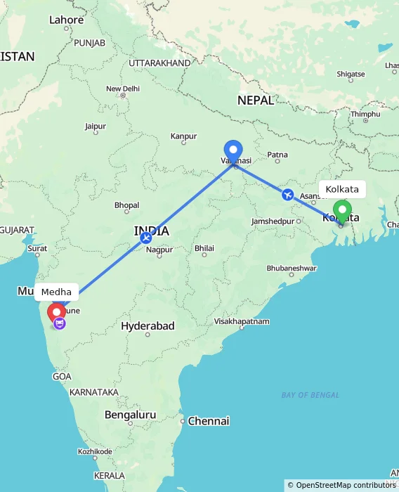 Route map showing distance and travel time from Kolkata, India to Medha, India