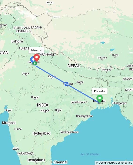 Route map showing distance and travel time from Kolkata, India to Meerut, India