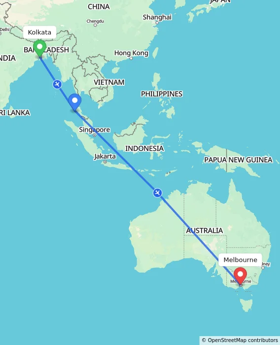 Route map showing distance and travel time from Kolkata, India to Melbourne, Australia