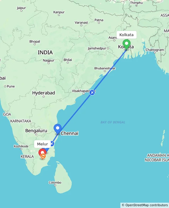 Route map showing distance and travel time from Kolkata, India to Melur, India