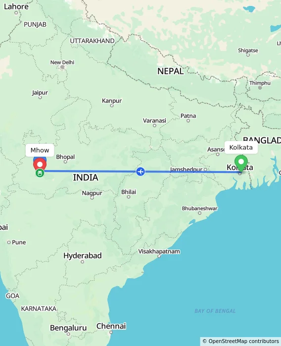 Route map showing distance and travel time from Kolkata, India to Mhow, India