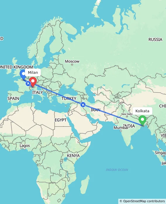 Route map showing distance and travel time from Kolkata, India to Milan, Italy