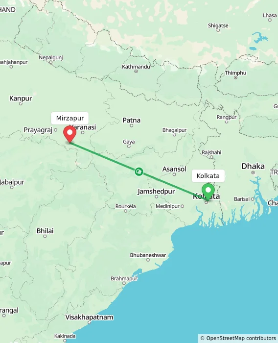 Route map showing distance and travel time from Kolkata, India to Mirzapur, India
