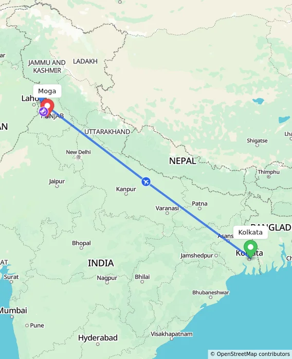 Route map showing distance and travel time from Kolkata, India to Moga, India