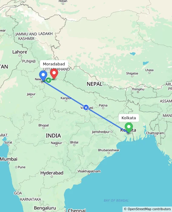 Route map showing distance and travel time from Kolkata, India to Moradabad, India