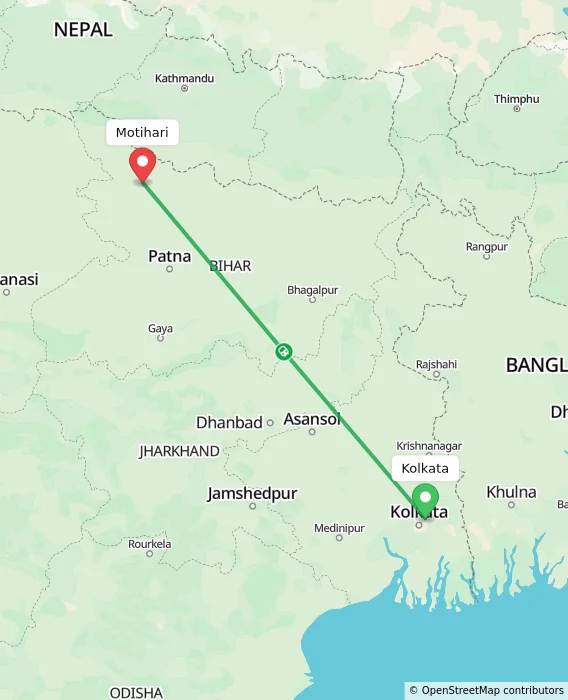 Route map showing distance and travel time from Kolkata, India to Motihari, India