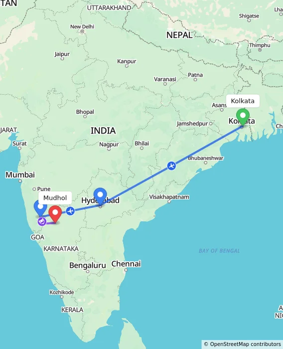 Route map showing distance and travel time from Kolkata, India to Mudhol, India
