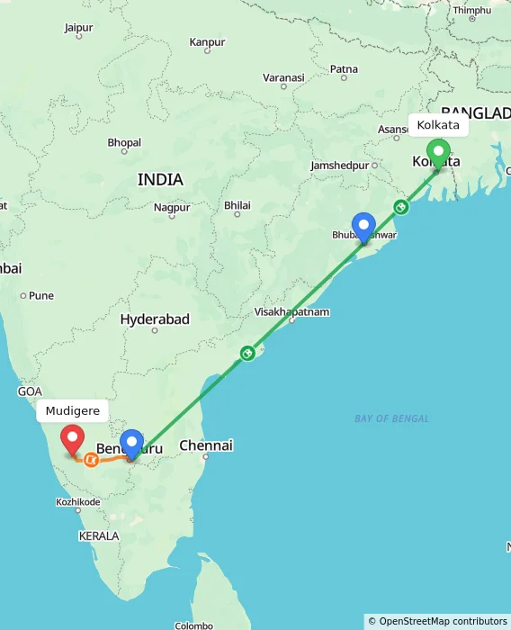 Route map showing distance and travel time from Kolkata, India to Mudigere, India