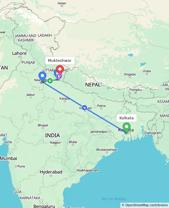 Route map showing distance and travel time from Kolkata, India to Mukteshwar, India