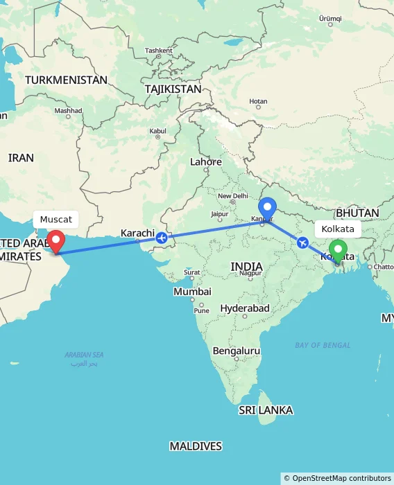 Route map showing distance and travel time from Kolkata, India to Muscat, Oman