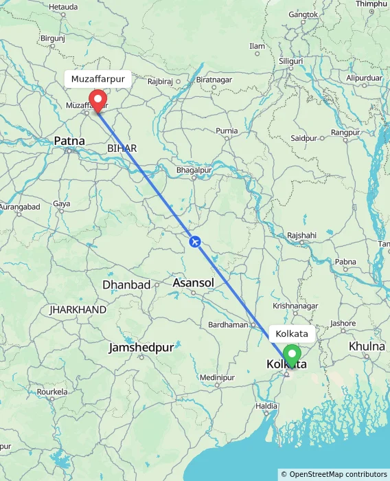 Route map showing distance and travel time from Kolkata, India to Muzaffarpur, India