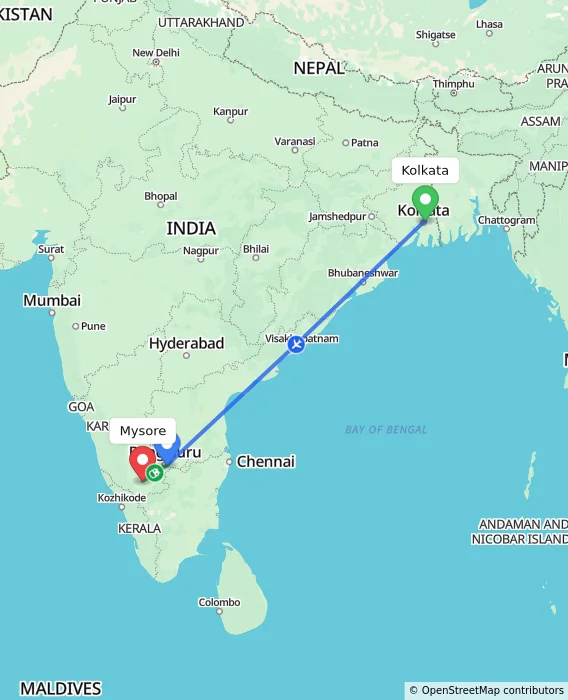 Route map showing distance and travel time from Kolkata, India to Mysore, India