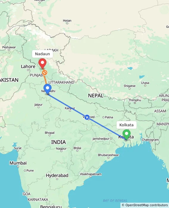 Route map showing distance and travel time from Kolkata, India to Nadaun, India