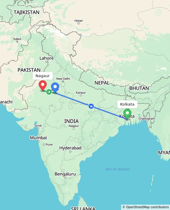 Route map showing distance and travel time from Kolkata, India to Nagaur, India