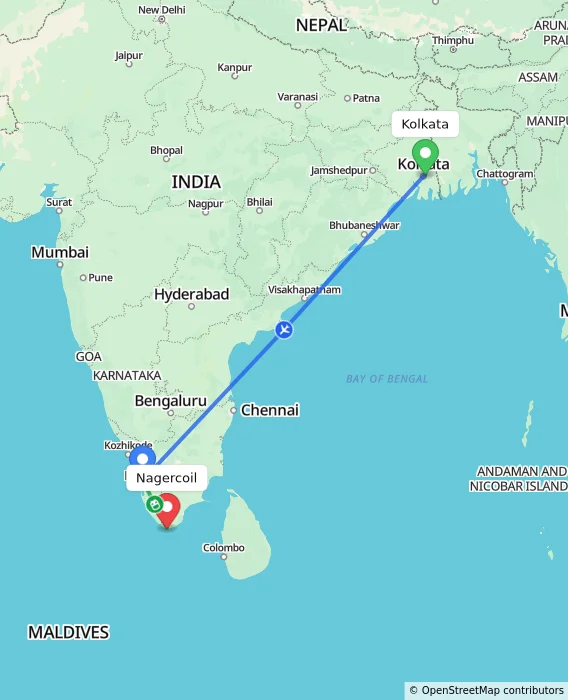 Route map showing distance and travel time from Kolkata, India to Nagercoil, India