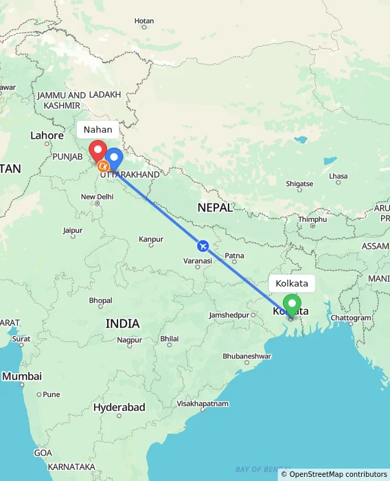 Route map showing distance and travel time from Kolkata, India to Nahan, India