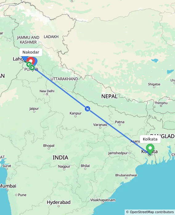 Route map showing distance and travel time from Kolkata, India to Nakodar, India