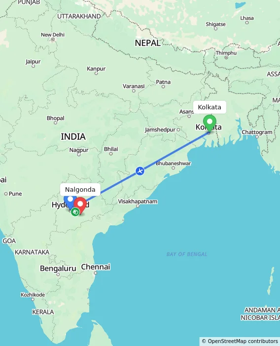 Route map showing distance and travel time from Kolkata, India to Nalgonda, India