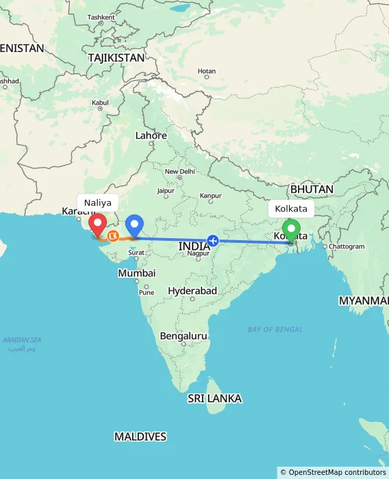 Route map showing distance and travel time from Kolkata, India to Naliya, India