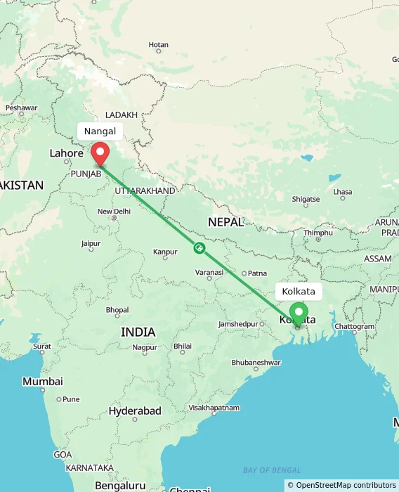 Route map showing distance and travel time from Kolkata, India to Nangal, India