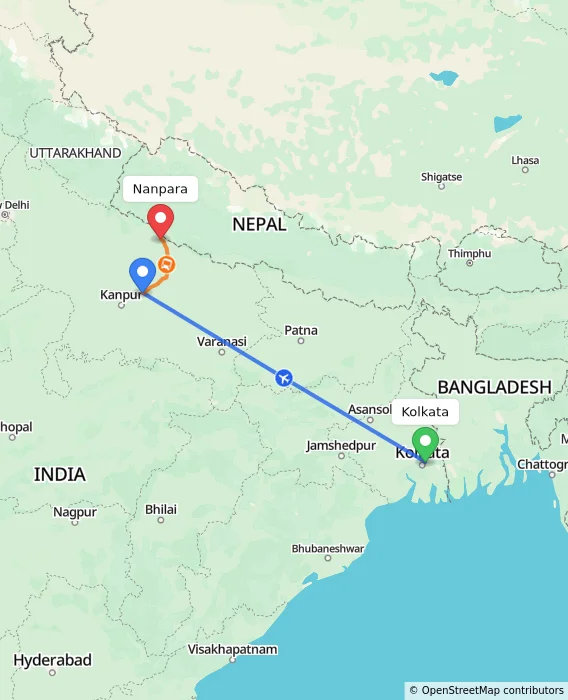 Route map showing distance and travel time from Kolkata, India to Nanpara, India