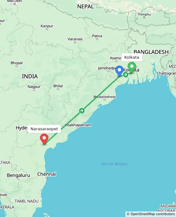 Route map showing distance and travel time from Kolkata, India to Narasaraopet, India