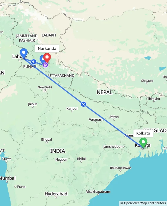 Route map showing distance and travel time from Kolkata, India to Narkanda, India