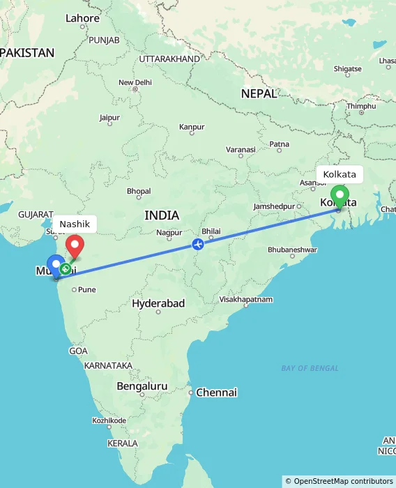 Route map showing distance and travel time from Kolkata, India to Nashik, India