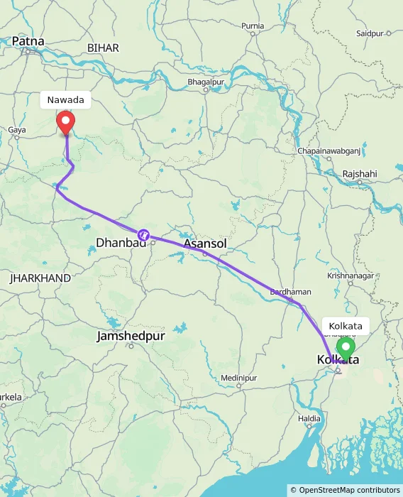 Route map showing distance and travel time from Kolkata, India to Nawada, India