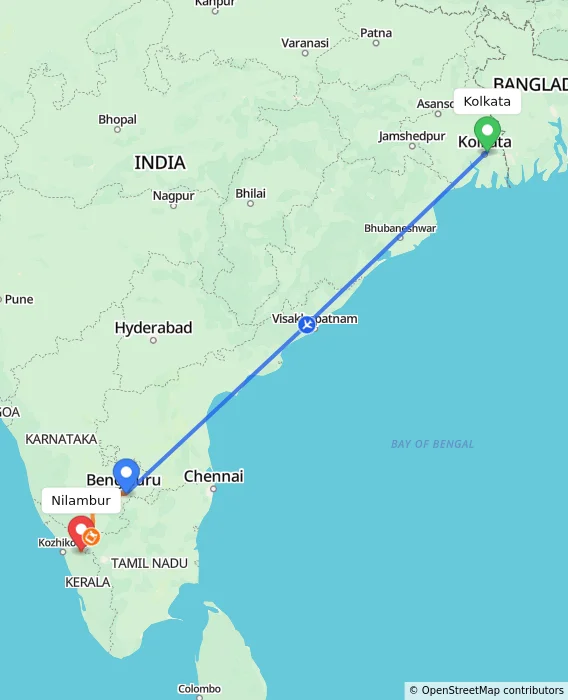 Route map showing distance and travel time from Kolkata, India to Nilambur, India